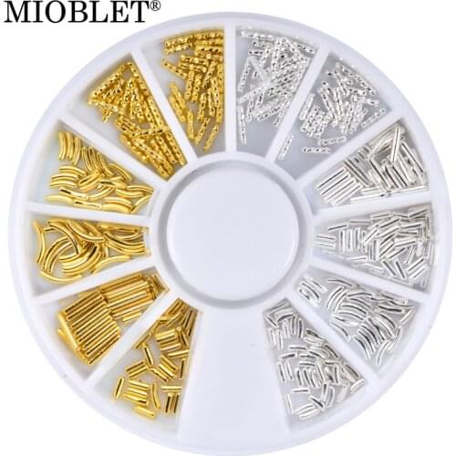 1Box Gold Silver Metal Rods Nail Rhinestone Decoration 3D Studs 12 Type In Wheel Straight Curve Design Nail Art Accessories 3056