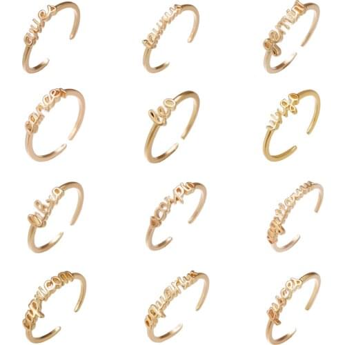 Minimalist 12 Zodiac Personality Gold Letter Rings Adjustable Personality Custom Zodiac Finger Rings For Women Girls