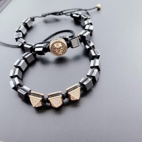 2Pcs New Classic Men Women Set Bracelet Fashion Square Hematite Skull Black Bangle And Micro Setting For Top Grade Jewelry Gift