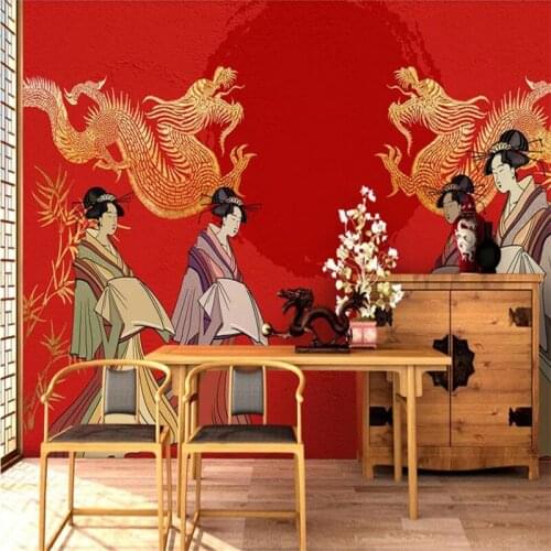 3D wallpaper hand-painted Japanese ladies double dragon background wall painting high quality material waterproof