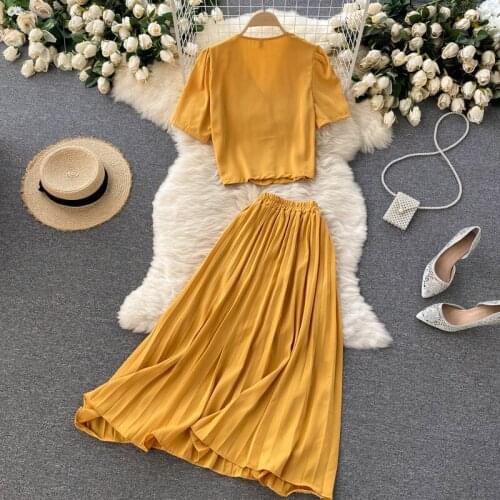 Bohemian Summer Clothes Two Piece Dress Suits Womens Crop Tops And Skirts Single Breasted Shirts + Midi Long Skirts Sets