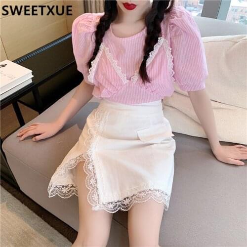 SWEETXUE Lady Striped Cute Casual Two-Piece Sets Puff Sleeve Lace Patchwork Top + High Waist Split Mini Skirt Korean Suit Women