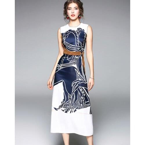 Womens spring summer sleeveless flower print long dress female high waist patchwork long slim dress TB627
