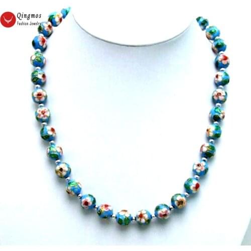 Qingmos Sky-Blue Cloisonne Choker Necklace for Women with 12mm Blue Round Cloisonne White Flower 20" Necklace Fine Newelry-5963