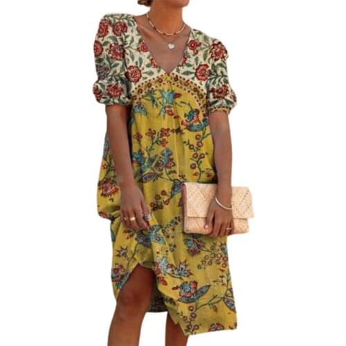 80% New Women Summer Dress V Neck Puff Sleeve Female Ladies Short Mid-Calf Sleeve Loose Dress for Daily Life Outdoor Wear