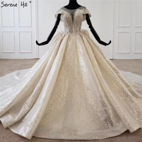 Serene Hill Champagne O-Neck Sleeveless Luxury Wedding Dress 2020 Beading Sequins Ruffles High-end Bridal Gown Custom CHX0048