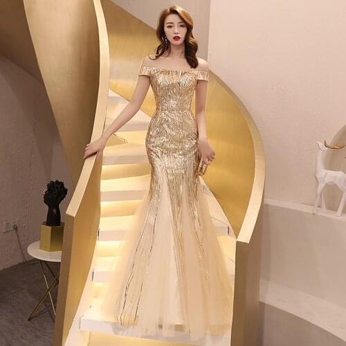 Golden Evening Dress for Female Banquet Sexy Fishtail One-shoulder Queen Aura Annual Meeting Birthday Party Prom Gown A352