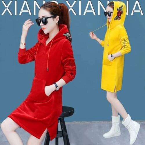 Spring/Fall Vintage Womens Package Hip Long Sleeve Hooded Dresses double-sided plush Fashion Pocket Sexy Dress Vestidos