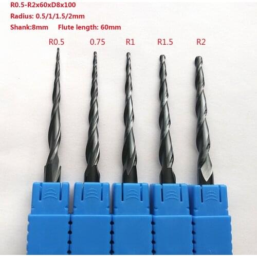 2pcs/lot R0.5/R1/R1.5/R2x60xD8x100 shank 8mm extra lengthen solid carbide tapered endmills CNC engraving milling cutters