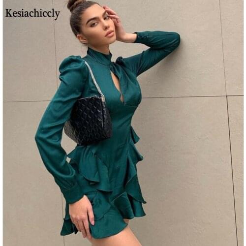 Kesiachiccly Ruffles Black Satin Dress Women Turtleneck Long Sleeve Hollow Out Elegant Party Dress Vintage Draped Ruched Dress