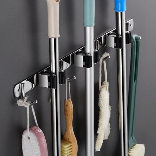Stainless Steel Broom Holder Heavy Duty Practical Clip Mop Rack Organizer Wall Mount Hook Rust Proof Storage Space Saving Hanger