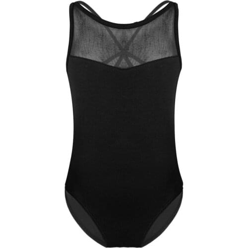 Kids Sleeveless Mesh Splice Criss-cross Back Ballet Dancewear Gymnastics Leotards for Girls Stage Performance Dance Costume