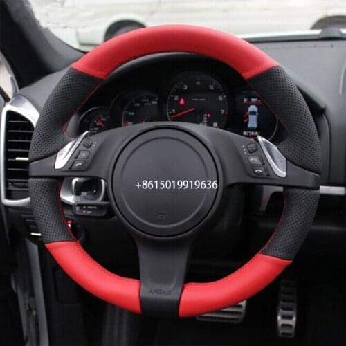 DIY Top Black Red Leather Car Steering Wheel Cover for Porsche Cayenne Panamera 2010- 2011