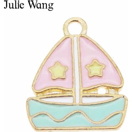 Julie Wang 10pcs Enamel Blue Pink Sailing Boat Charms Alloy Gold Tone Pendant Necklace Bracelet Jewelry Making Accessory