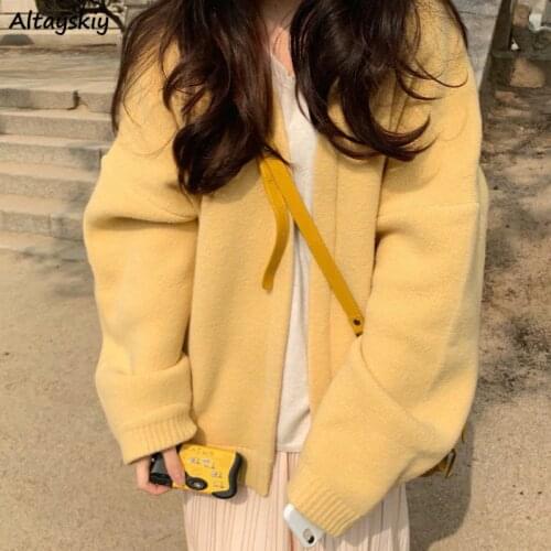 Cardigan Women Yellow Solid Knit Sweater Simple Popular Chic Casual Ulzzang Loose Student Outerwear Female Top Autumn Trendy Hot