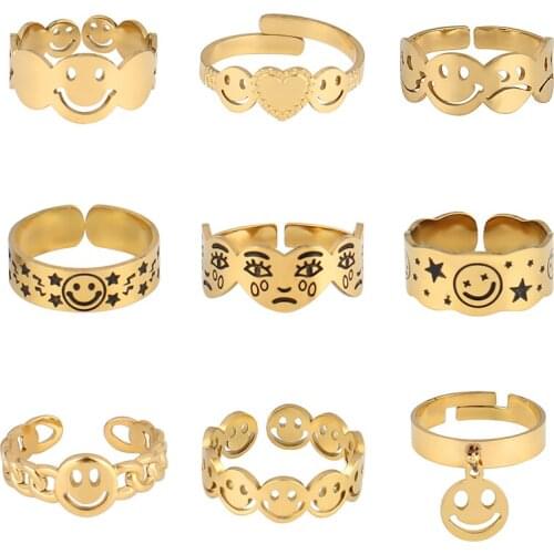 Punk Stainless Steel Ring Smile Face Ring Geometric Chain Ring Open Finger Ring Gold Adjustable Charms Rings For Women Jewelry