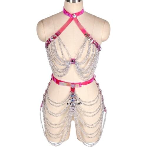 2 Piece Set Sexy Laser Leather Chest Harness Bondage Bra Tops Leg Garter Belt Stocking Lingerie Women Goth Body Chain Cage Skirt