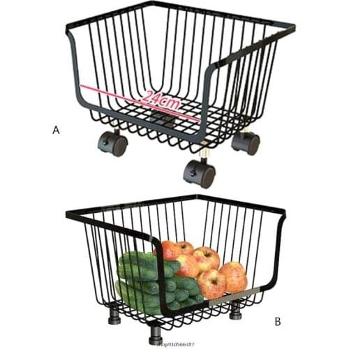 Kitchen Metal Wire Basket with Wheels Single Layer Wrought Iron Rolling Utility Shelf Fruit Storage Organizer Rack Bin wholesale