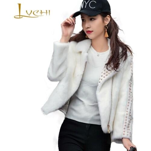 LVCHI New 2019 Imported Mink Coat Womens Natural Fur Coat Mink Coat Turn-Down Collar Rivet Beading Cool Lady Short Mink Coats