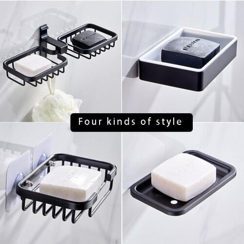 Soap Box Wall Mounted Punch-free Soap Dishes Black Aluminum Strong Drain Creative Bathroom Soap Rack Soap Draining Holder