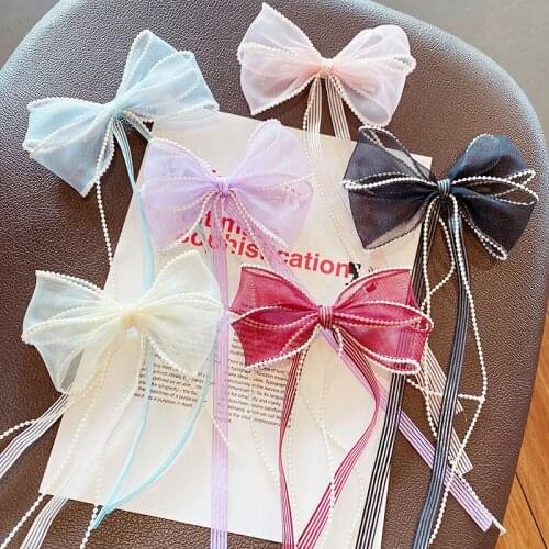 New Girls Cute Pearl Edge Ribbon Chiffon Bow Hairpins Kids Sweet Back Hair Decorate Headband Hair Clip Fashion Hair Accessories