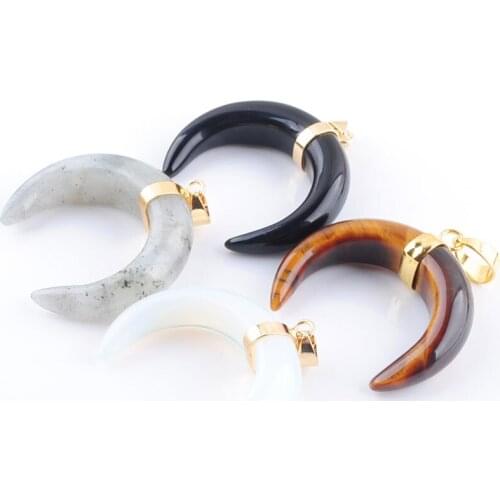 Wholesale 4Pcs/Lot Natural Stones Crescent Moon Pendants Gold Color Reiki Women Jewelry Lapis Lazuli Rose Quartzs Opalite QBN328