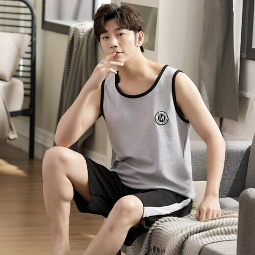 6535 Cotton Boy Male Vest & Pants Pajamas Mans Sleepwear Nightwear Oneck Cozy Loose Sleeveless Vest Pyjamas Undershirt Jams HDE