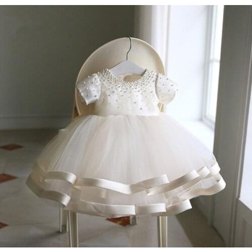 Baby Girl Dress Beads Lace Short Sleeve 1st year Birthday Dress Flower Girl Dress Christening Baby infant Bapstism Clothing