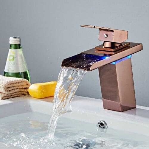 Rose Golden LED Basin Faucet Waterfall Temperature Colors Change Bathroom Mixer Tap Deck Mounted Wash Sink Tap Hot And Cold Tap