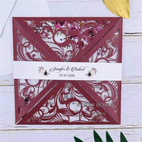 Unique Burgundy Invitations With Square Flower Laser Cut Wrap And Customized Belly Band