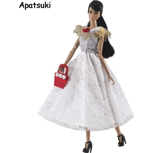 White Gold Party Dress For Barbie Doll Clothes Outfits & Purse Princess Gown For Barbie Dollhouse Kids Toys 1:6 Doll Accessories