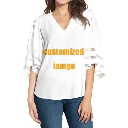 NOISYDESIGNS Custom Printed Chiffon Blouse for Women Fashion Clothing Bell Sleeves Mesh Panel Loose Tops Shirts Mujer Custom