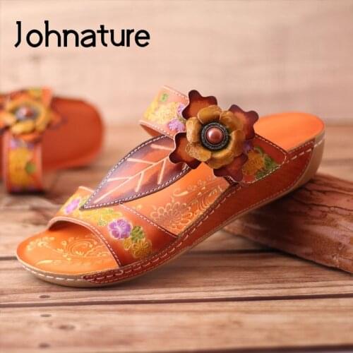 Johnature Women Slippers Summer 2021 New Women Shoes Genuine Leather Hand-painted Slides Flower Handmade Sewing Ladies Slippers