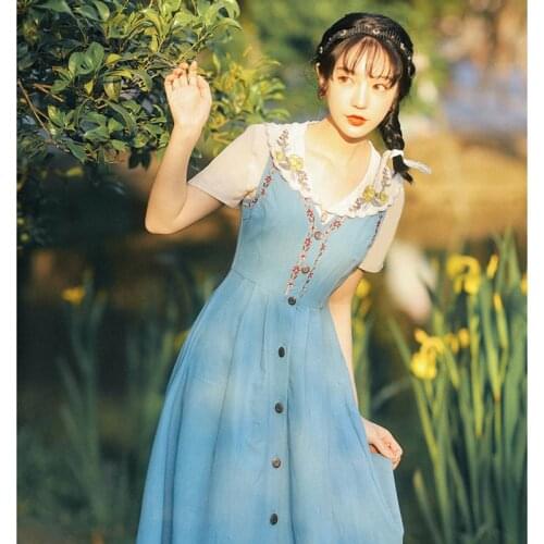 Women French Sweet Vintage Two Piece Set Summer Embroidered Peter pan Collar Sweet Cute Top+Blue Strap Skirt Sets