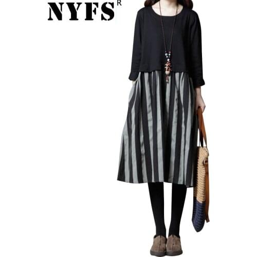 NYFS 2021 New Style Spring Autumn Woman Dress Loose Cotton Linen Patchwork Long Dress Vestidos Robe Elbise