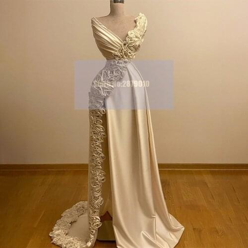 Elegant Glamorous Cream Mermaid Evening Dresses Floor Length High Slit Robe De Soiree Aibye Flowers Saudi Arabia 2020 Dubai