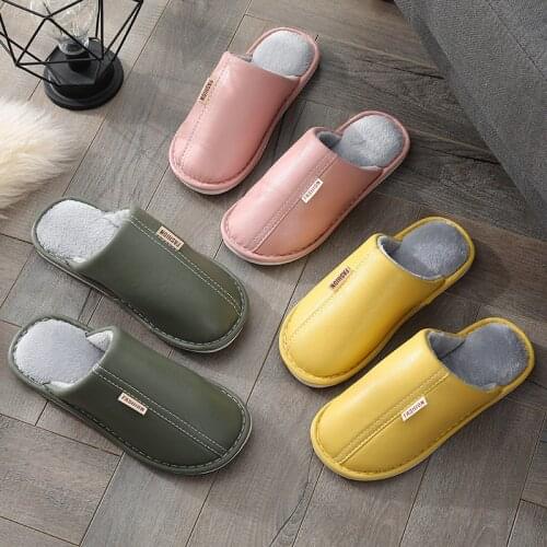 Winter leather cotton slippers female waterproof non-slip adult home warm indoor winter PU leather slippers male