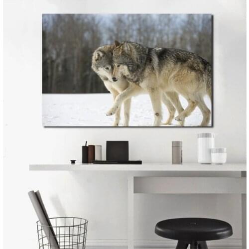 Winter Forest Snow Wolves Couple Wild Animal Art Canvas Poster Painting Oil Wall Picture Print Home Kids Room Bedroom Decoration