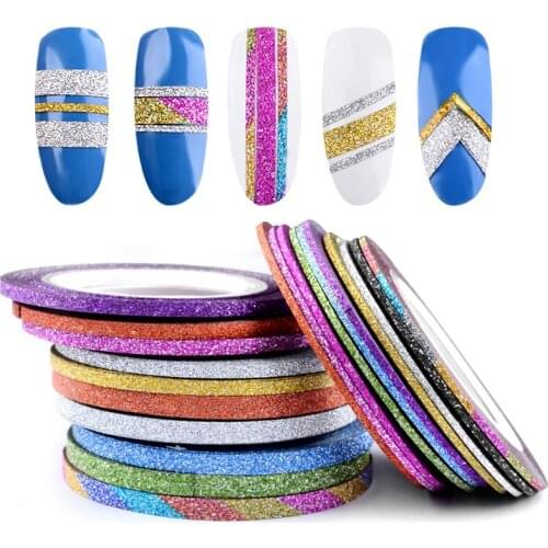 10 Rolls Mixed Colors Nail Art Sticker Glitter Striping Tape Line Decorations 1MM/2MM/3MM DIY Self-Adhesive Manicure YW9311-3