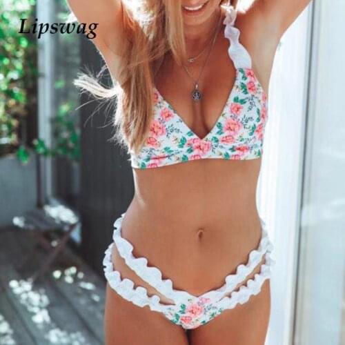 2021 Sexy Floral Print Women Swimwear Bikini Two Piece Lace Bandage Push Up Female Swimsuit Summer Ruffle Beachwear Bathing Suit