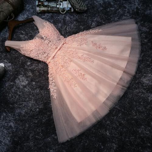 Elegant Pearl Pink Prom Dresses Sexy Prom Dress Short V Neck Appliques Beading Lace Up Graduation Party Gowns