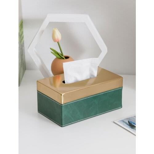 European Luxury Dark Green Leather/metal Tissue Box Rectangular/square Household Dining Table Tissue Box Kitchen Home Decoration