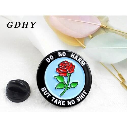 GDHY Round Badge Red Roses Flowers Brooch"DO NO HARM BUT TAKE NO SHIT" Circular Enamel Pin Brooch For Kid and Friends Jewelry