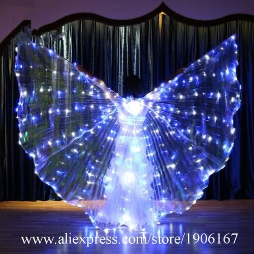 White Blue Led Wings Adult Belly Dance Stage Performance Props Dancing Luminous Wings Light Cloak Led Wings Costumes 360 Degrees