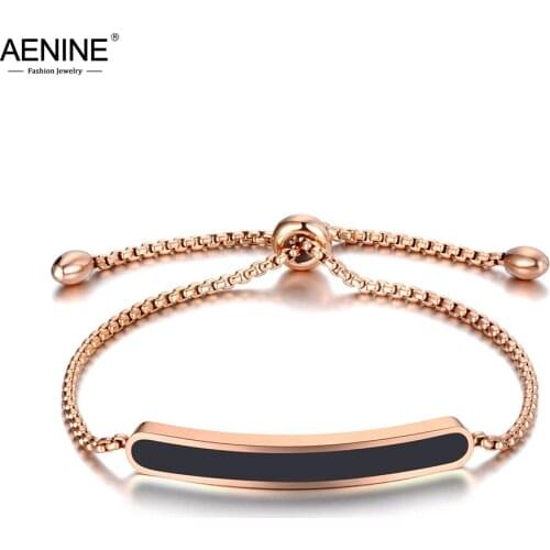 AENINE Titanium Stainless Steel Black/White Glaze Chain & Link Bracelets For Women Rose Gold Adjustable Size Bracelet AB19070