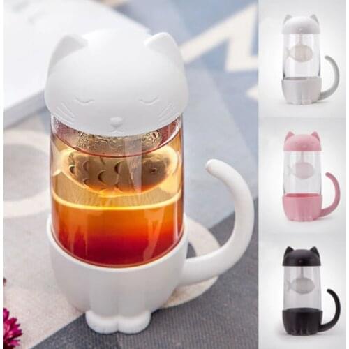 Brand New Style Cute Cat Glass Cup Tea Mug With Fish Infuser Strainer Filter Home Offices Filter Cup
