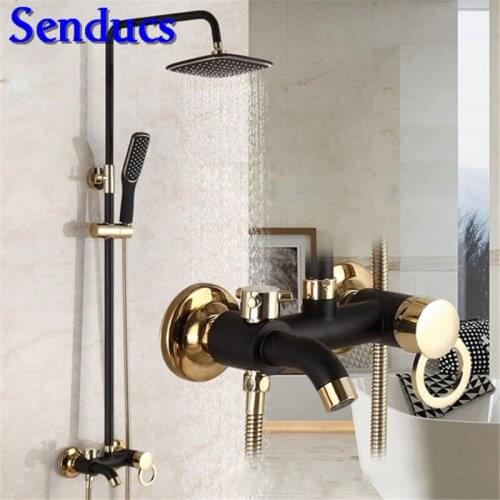Senducs Bathroom Black Gold Shower Set Quality ABS Top Rain Shower European Style Bathroom Black Gold Shower Set
