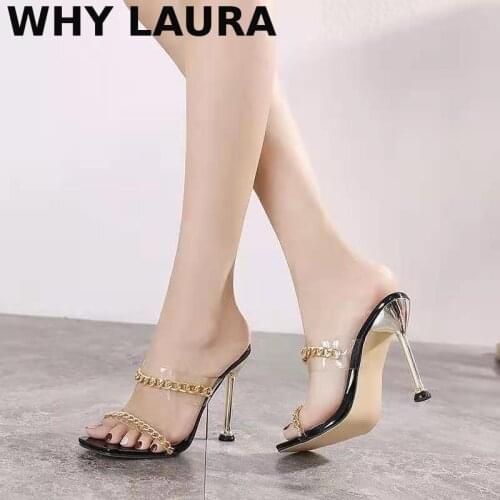 New 2021 summer womens square metal stiletto heels beach slippers womens dress party fashion slippers