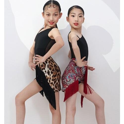 2021 New Girls Latin Dance Clothes Kids Modern Dance Practice Clothing Black Tops Print Fringe Skirt Rumba Dancewear DWY6006