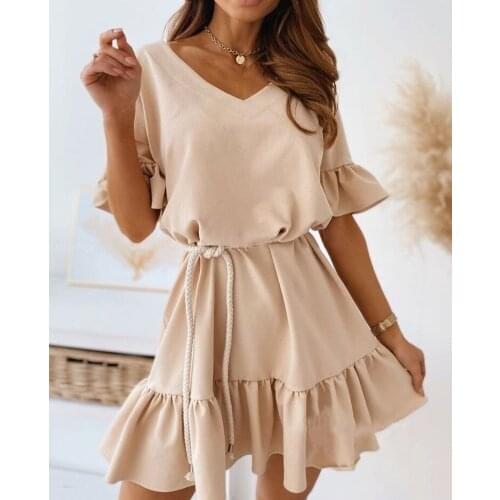 2021 New Solid Ruffle Short Sleeve Mini Dress Summer V Neck Ruffles Hem Sashes Casual A Line Mini Holiday Beach Dress Sundress